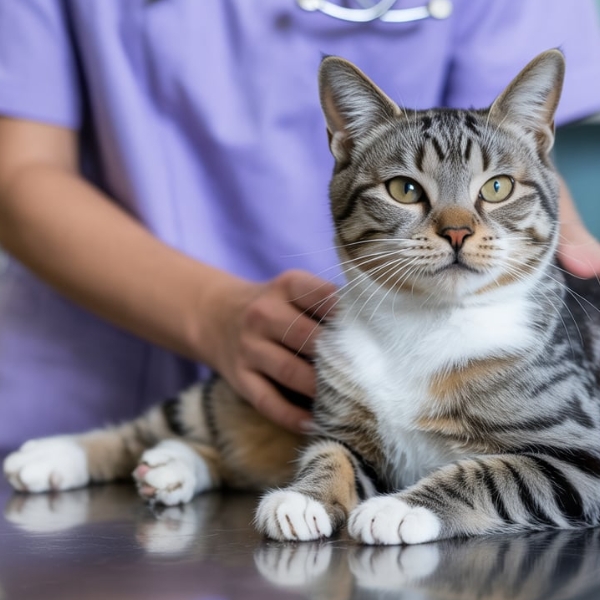 Un chat sur une table d'examen vétérinaire, pris en charge par une professionnelle en blouse violette