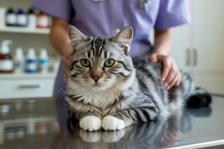 Un chat sur une table d'examen vétérinaire, pris en charge par une professionnelle en blouse violette