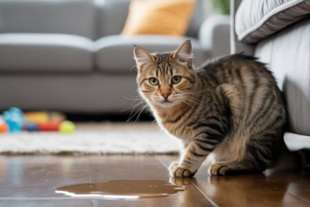 Chat domestique tigré surpris en train d’uriner sur le sol à côté d’un canapé, dans un intérieur moderne