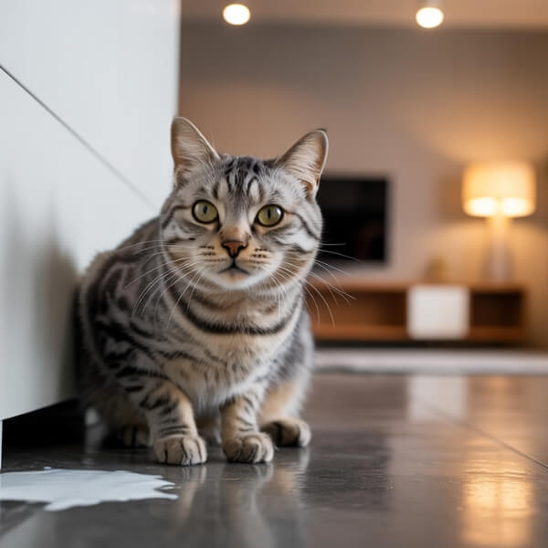 Chat domestique tigré surpris en train d’uriner sur le sol à côté d’un canapé, dans un intérieur moderne