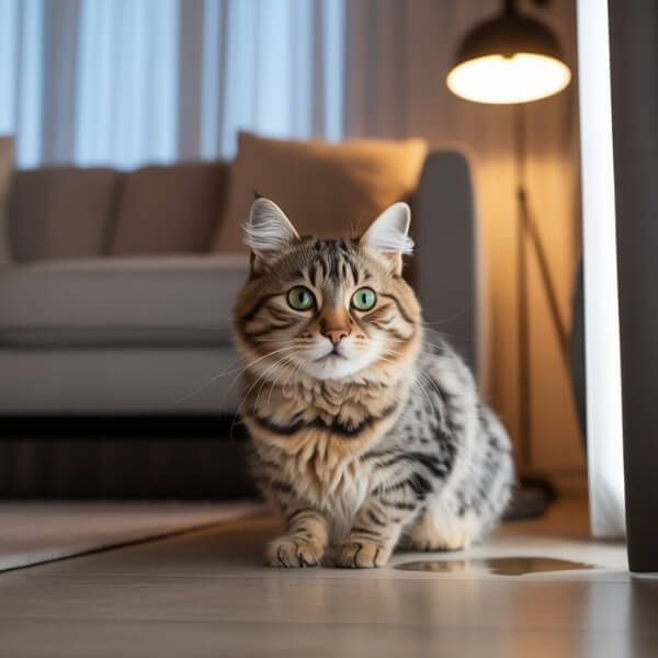 Chat domestique tigré surpris en train d’uriner sur le sol à côté d’un canapé, dans un intérieur moderne