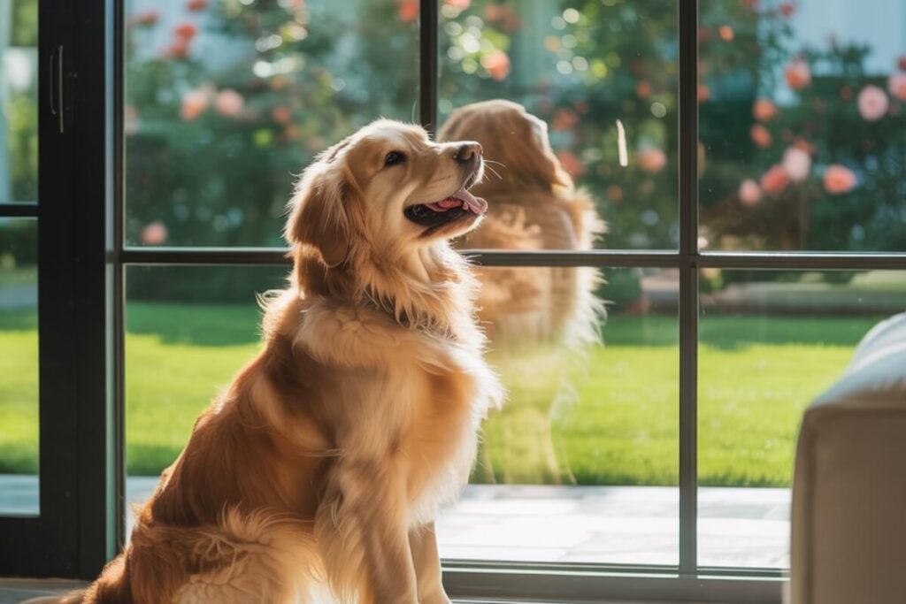 Chien assis devant une baie vitrée, en train d’aboyer, probablement alerté par un bruit extérieur.