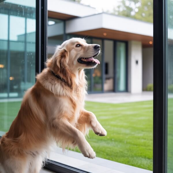 Chien aboyant en position dressée contre une vitre, regard tourné vers l’extérieur.