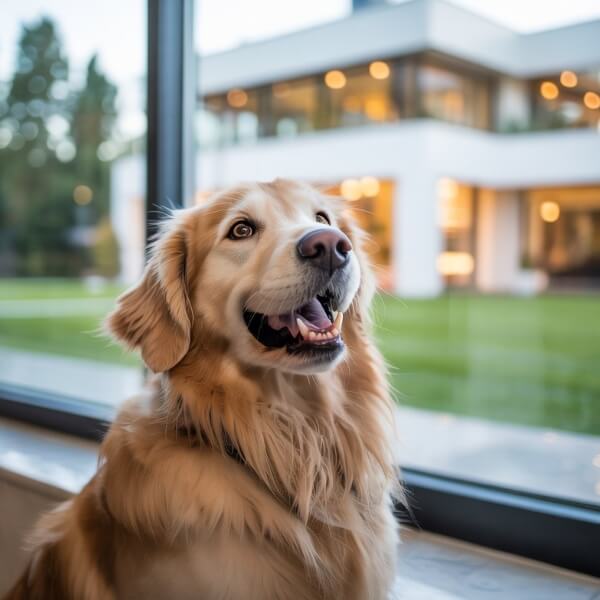 Votre chien aboie trop ? La loi française peut vous sanctionner bien plus qu’un simple voisin 1 Chien assis devant une fenêtre, bouche ouverte, semblant aboyer ou alerter les passants à l’extérieur.