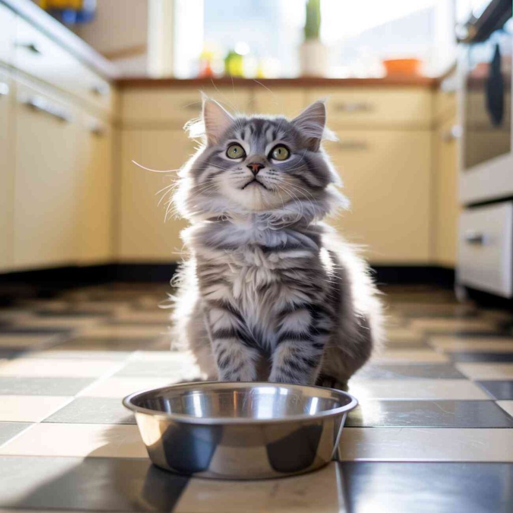 Chat qui miaule sans arrêt en attendant sa nourriture dans la cuisine