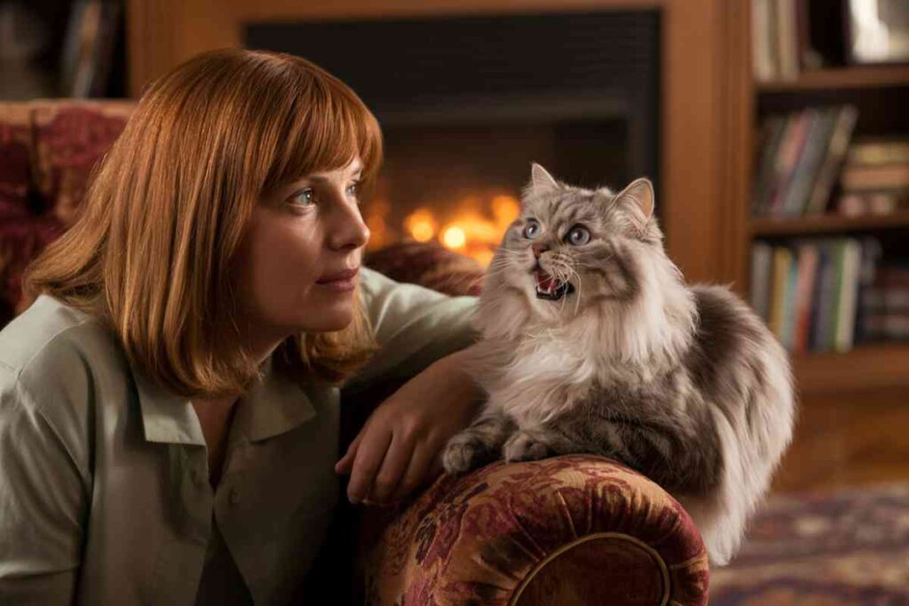 Chat à poils longs miaulant face à sa propriétaire dans un intérieur chaleureux