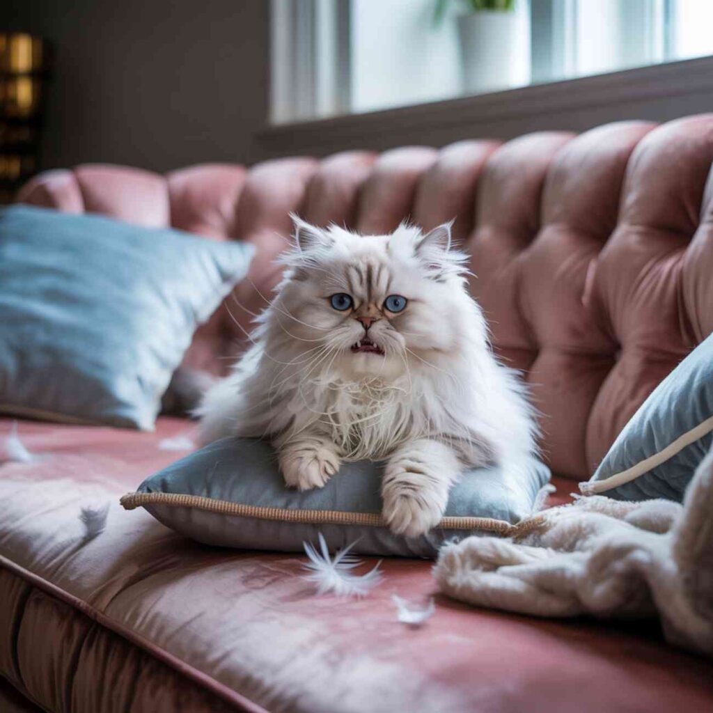 Chat qui miaule sans arrêt allongé sur un coussin dans un salon chic