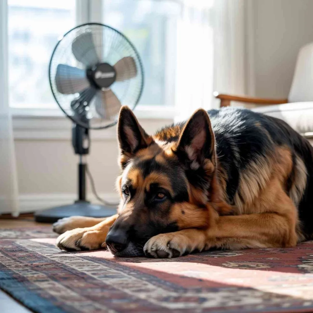 Chien berger allemand couché sur un tapis face à un ventilateur dans un salon lumineux