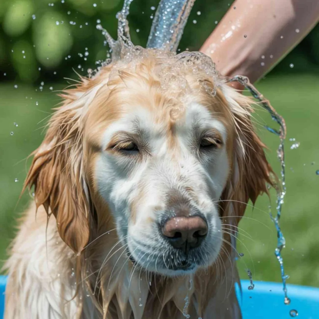 Chien mouillé recevant de l’eau sur la tête en extérieur, en prévention de la chaleur