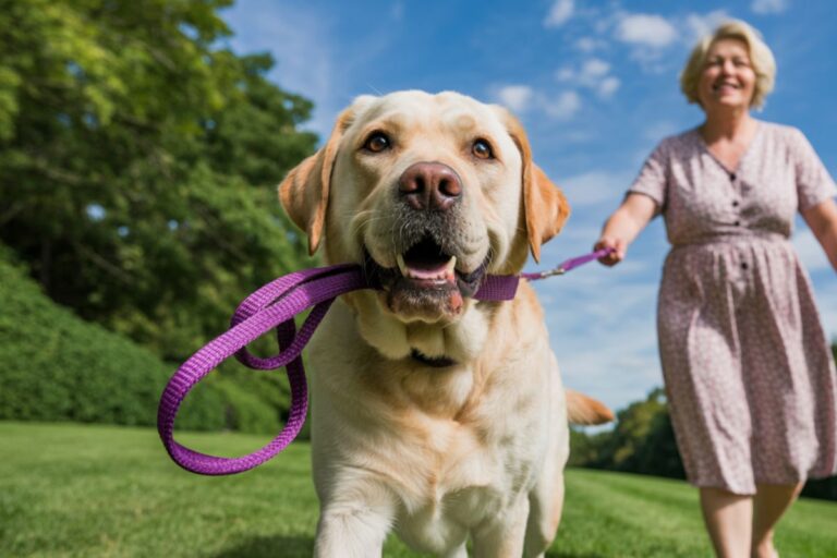 Chien promenade laisse violet parc