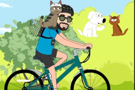 Rémy Vicarini pédale avec Cathode sur le dos, sous les yeux interloqués de Rex et Minou