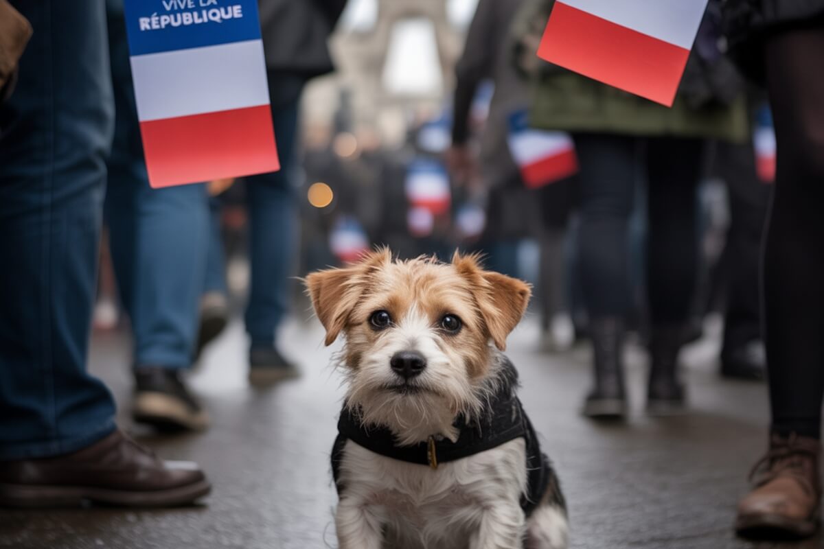 Petit chien assis au milieu d’une foule lors du défilé du 14 juillet, entouré de drapeaux français, l’air anxieux dans une ambiance bruyante.