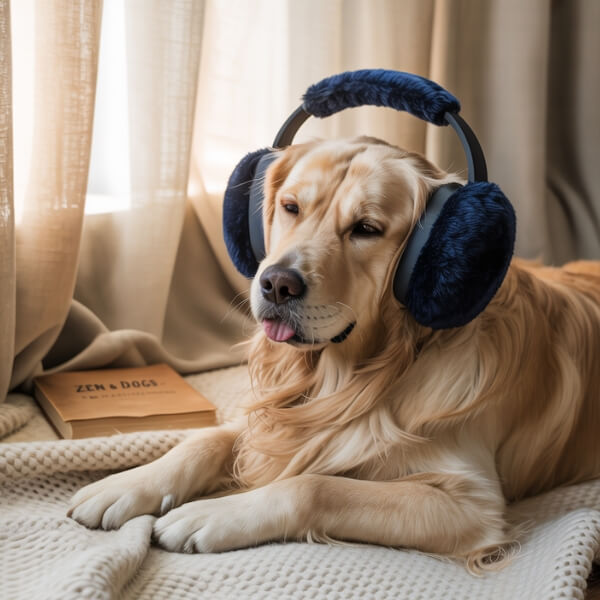 Chien allongé calmement dans un intérieur, portant un casque anti-bruit pour se protéger des bruits du 14 juillet, près d’une fenêtre fermée.