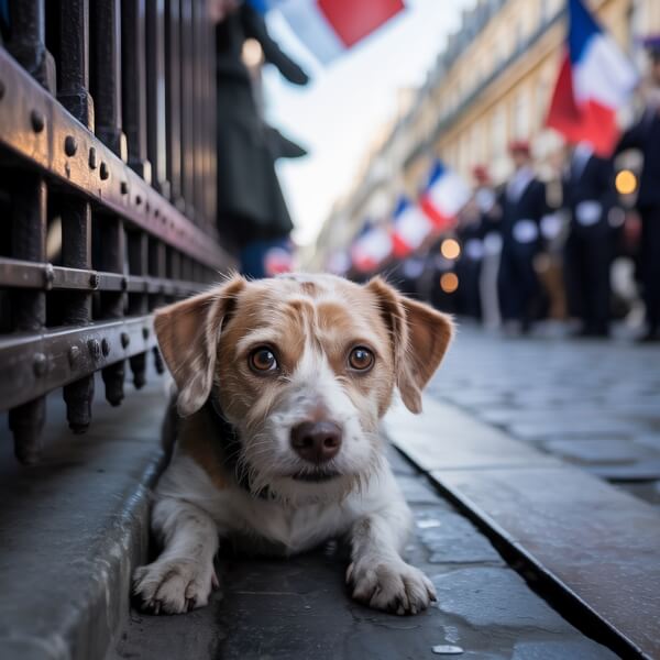 Petit chien assis sur un trottoir parisien, en laisse, l’air stressé et entouré de barrières, pendant les préparatifs du 14 juillet.