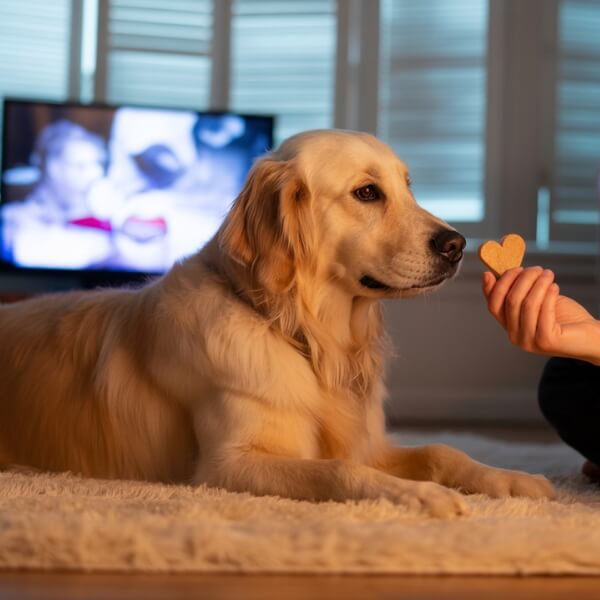 Chien apaisé pendant les feux d’artifice grâce à la présence de son humain