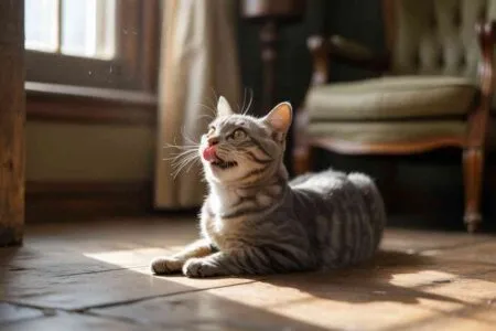 Chat qui miaule et halète allongé dans un salon ensoleillé, observant quelque chose avec intensité