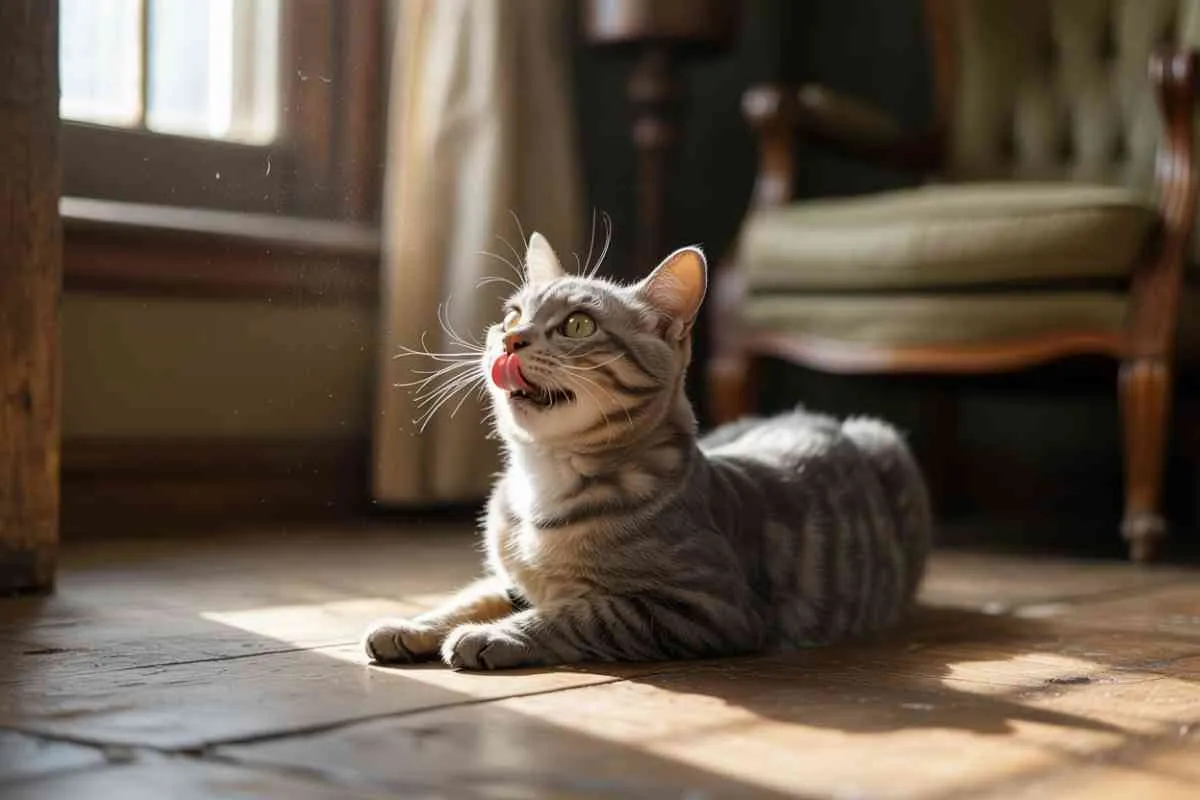 Chat qui miaule et halète allongé dans un salon ensoleillé, observant quelque chose avec intensité