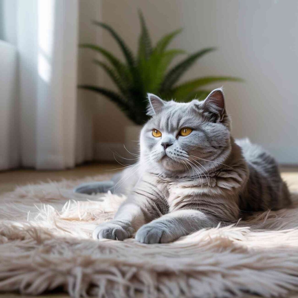 Chat calme allongé sur un tapis dans la lumière du matin, illustrant un chat qui ne miaule plus par tempérament.