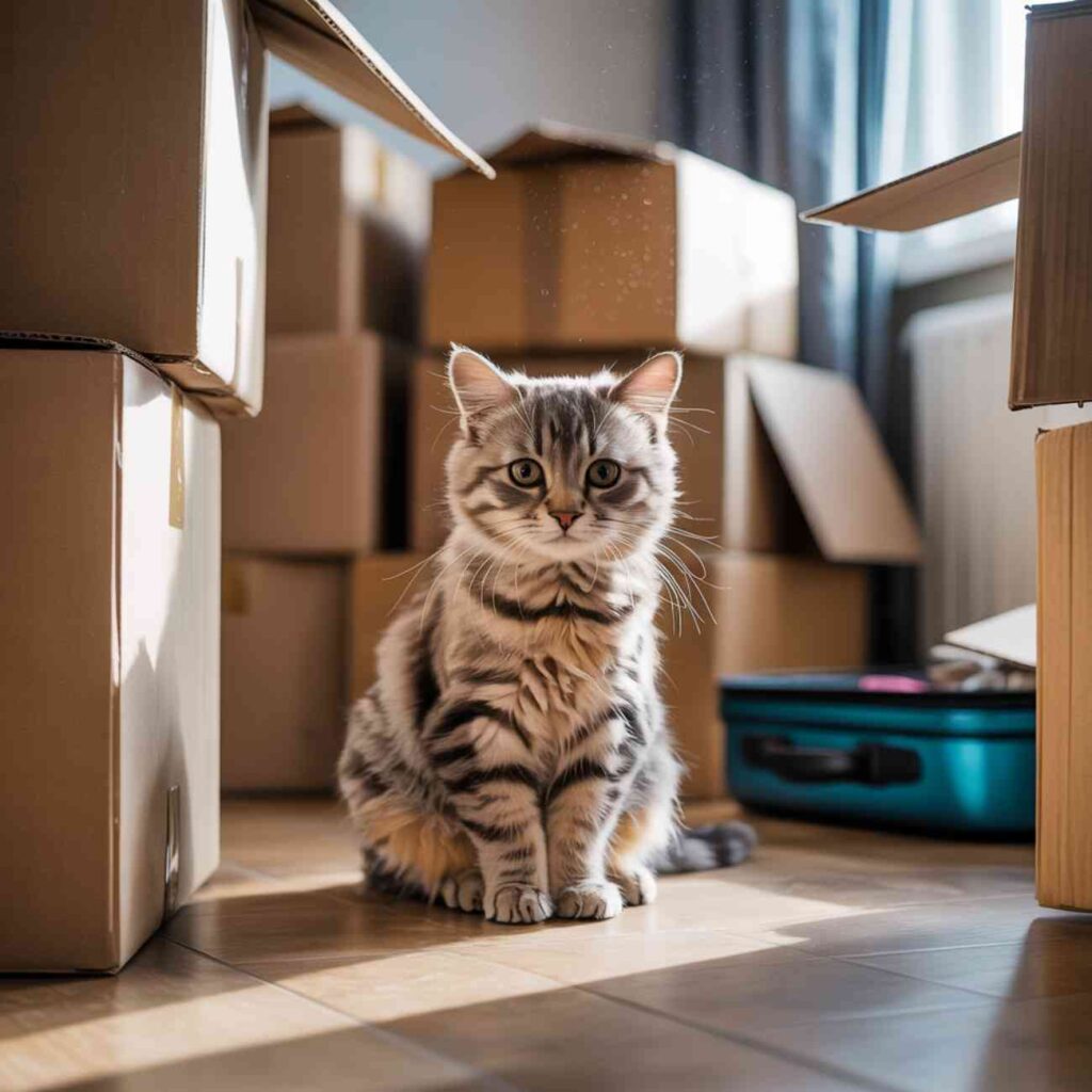 Chat perturbé dans un environnement de déménagement, une situation fréquente quand un chat ne miaule plus à cause du stress .