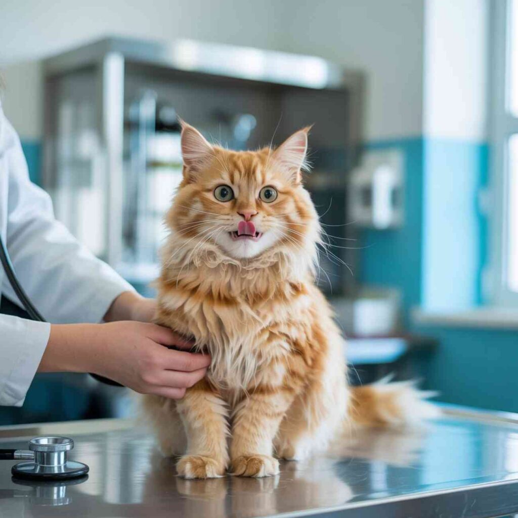 Chat examiné chez le vétérinaire, possible consultation quand un chat ne miaule plus à cause d’un problème de santé .