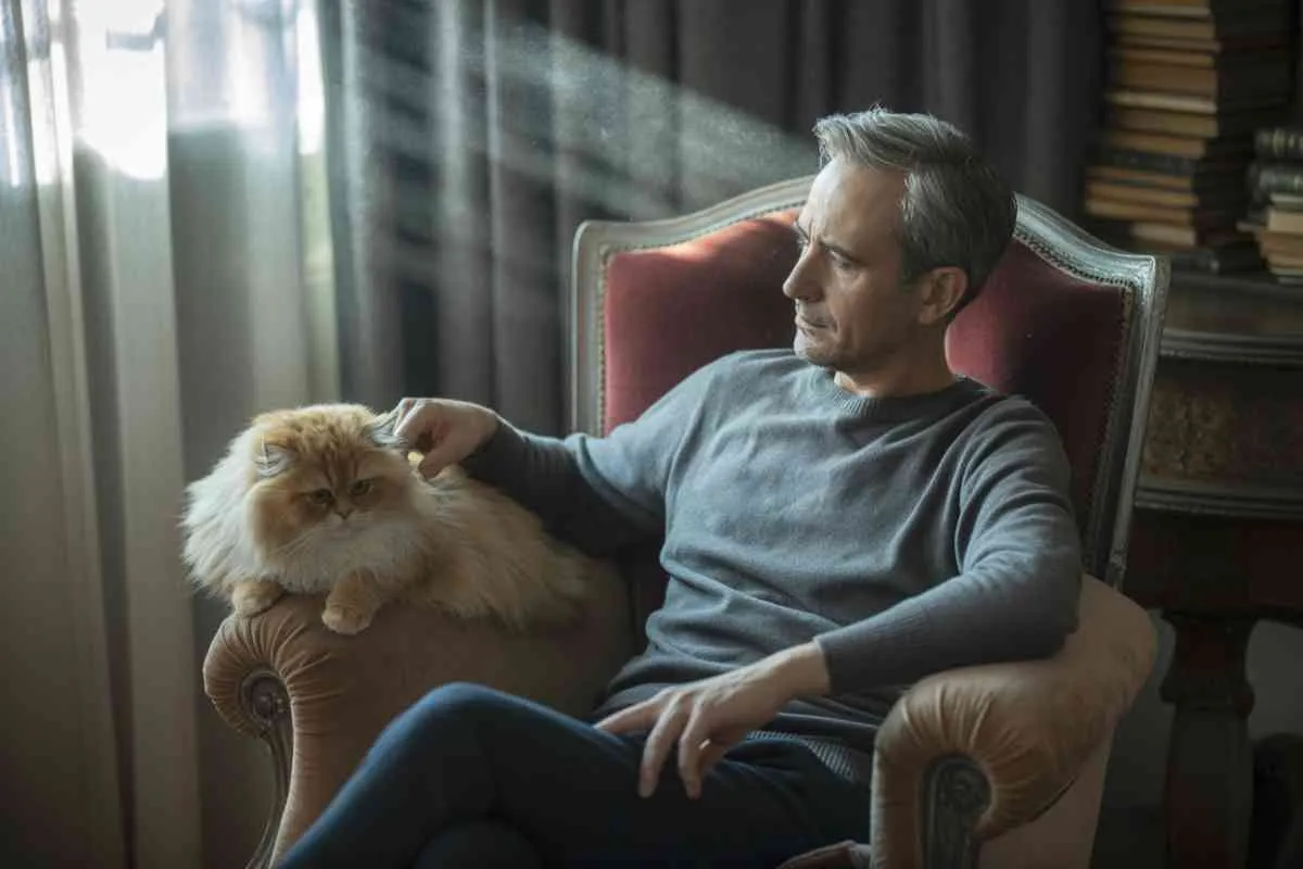 Un homme pensif assis près d’un chat calme et silencieux, illustrant une situation où le chat ne miaule plus.