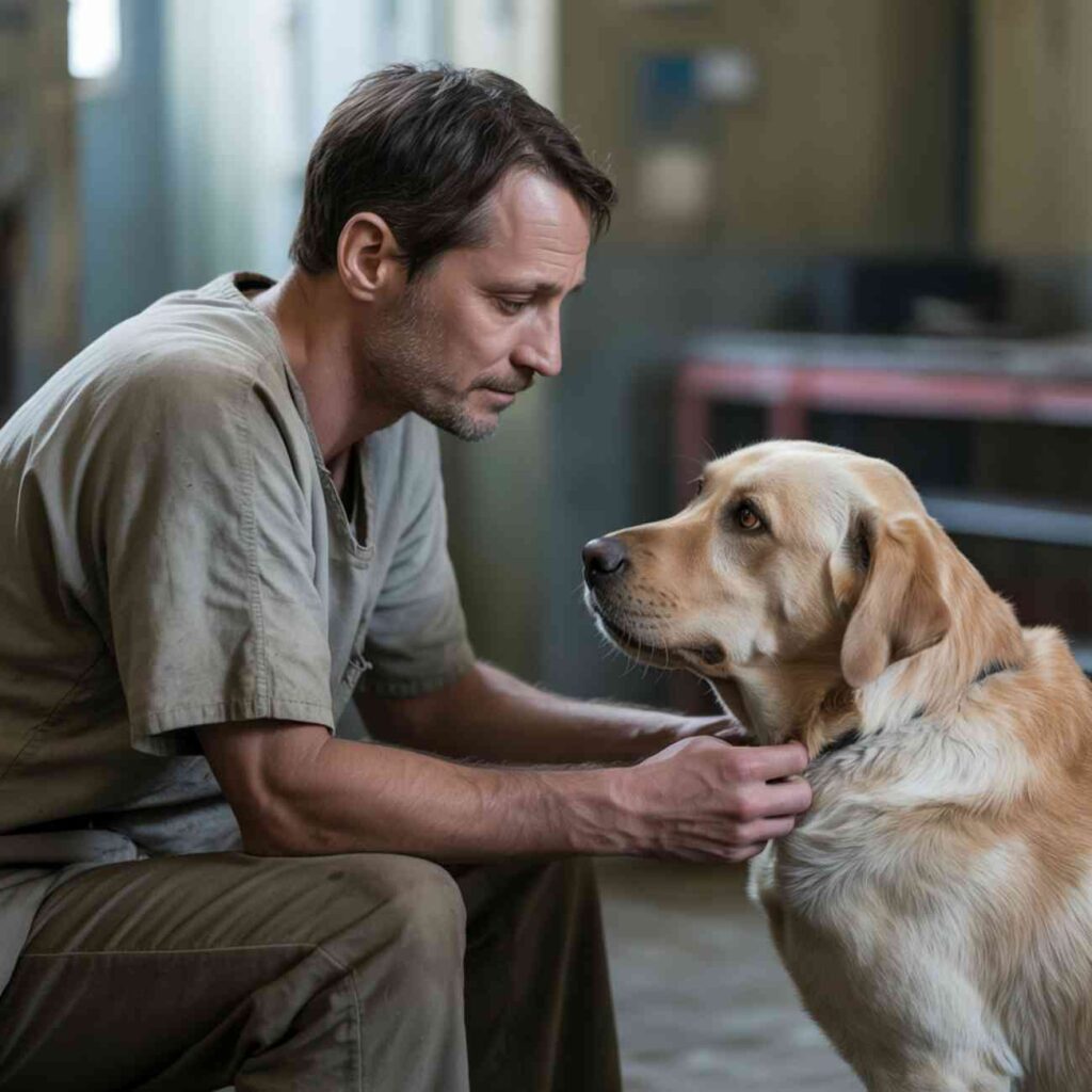 Un détenu en tenue de prison regarde un labrador avec douceur dans un environnement carcéral.