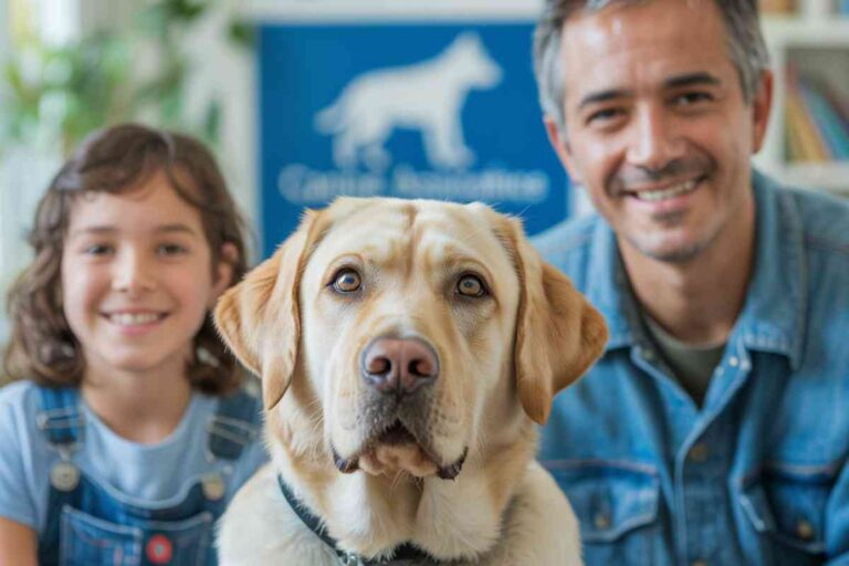 Labrador d’assistance posé au premier plan avec une jeune fille et un homme souriants à l’arrière-plan.