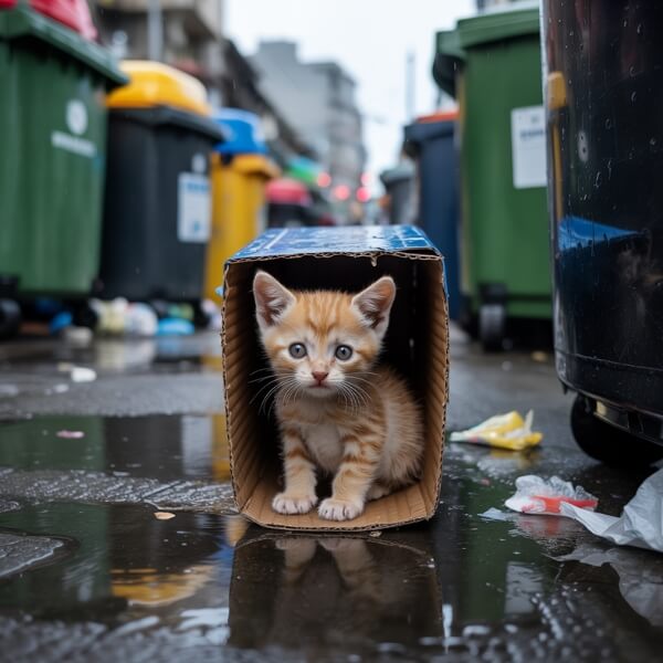 Chaton roux trempé recroquevillé dans un carton détrempé entre deux poubelles – image poignante d’un abandon