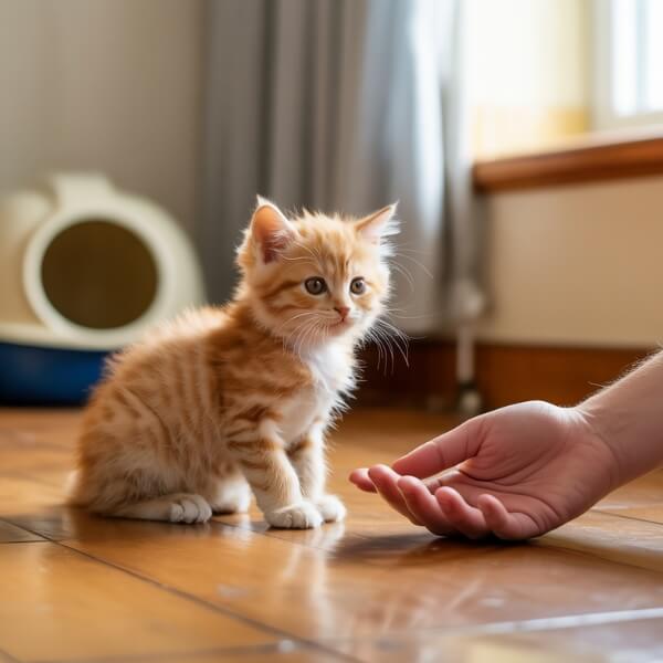 Chaton roux assis face à une main humaine posée au sol, regardant avec prudence – illustration du moment de bascule vers la confiance