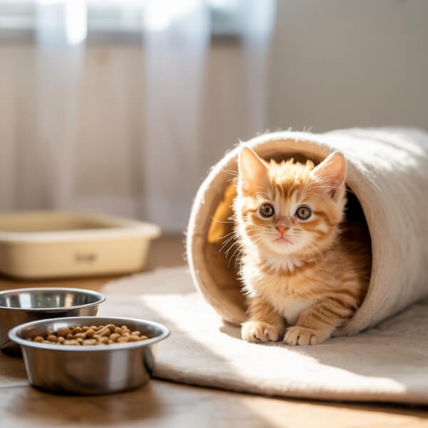 Chaton roux dans une petite pièce calme, à côté d’un bol de croquettes et d’une litière visible – illustration du processus de sécurisation d’un chaton abandonné