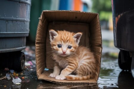 Chaton roux trempé recroquevillé dans un carton détrempé entre deux poubelles – image poignante d’un abandon