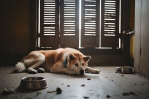 Chien akita allongé sur le sol, abattu, dans un appartement sombre avec gamelles vides – symbole d’abandon et de négligence