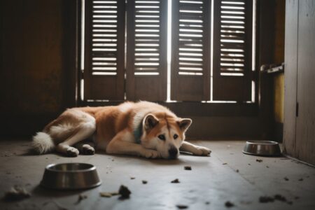 Chien akita allongé sur le sol, abattu, dans un appartement sombre avec gamelles vides – symbole d’abandon et de négligence