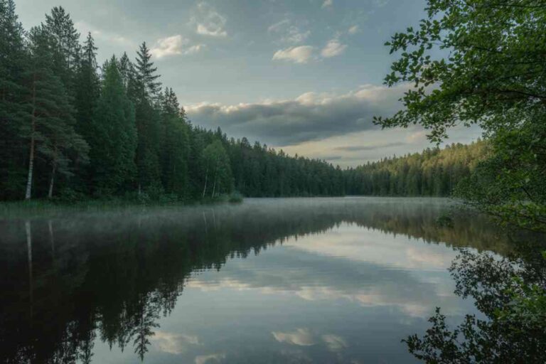 Vue paisible d’un lac bordé de forêt au crépuscule, surface calme légèrement brumeuse