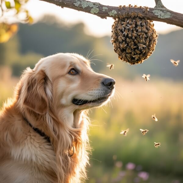 Chien regardant un essaim d’abeilles suspendu à une branche, en pleine nature au coucher du soleil.