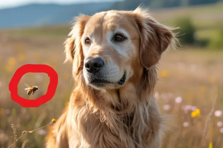 Golden retriever inquiet dans un champ, potentiellement menacé par des abeilles invisibles.
