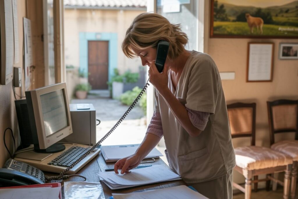 Une vétérinaire française en blouse blanche, debout dans son cabinet, appuyée sur son bureau, visiblement épuisée, entourée de dossiers, d’un téléphone et d’un ordinateur, illustrant la surcharge de travail quotidienne dans les cliniques rurales.