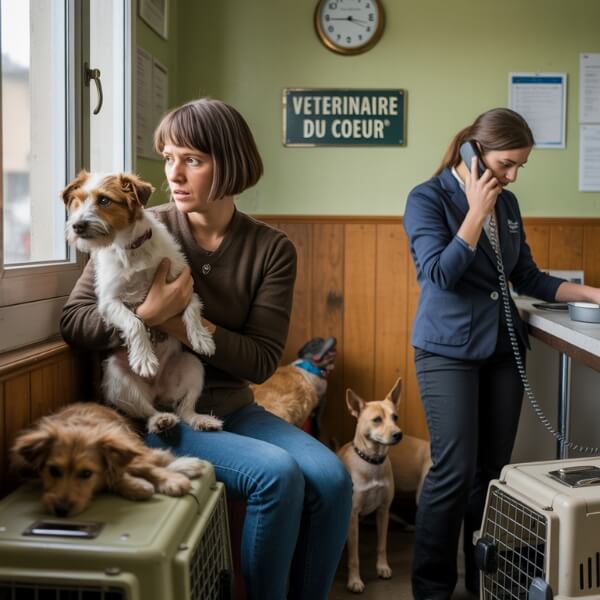 Salle d’attente d’une clinique vétérinaire française, avec plusieurs propriétaires d’animaux assis, visiblement stressés, et une vétérinaire au téléphone, l’air préoccupé, illustrant la pression constante dans les petites structures.
