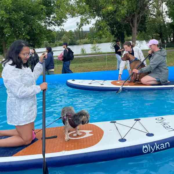 Femme en combinaison avec un petit chien sur un paddle à Léry-Poses