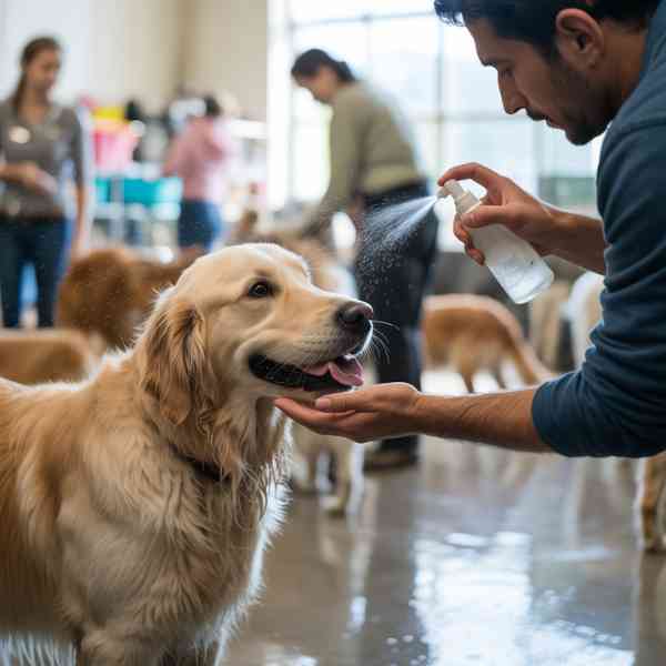Bénévole rafraîchissant un chien au refuge d’Amilly pendant la canicule