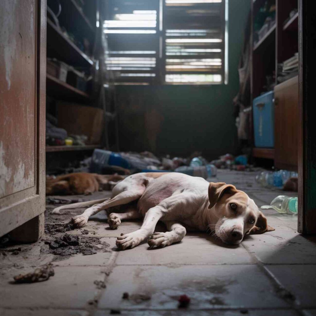 Chien couché au sol dans une pièce sombre et sale, entouré de bouteilles vides et de détritus, semblant affaibli par la chaleur et le manque de soins.