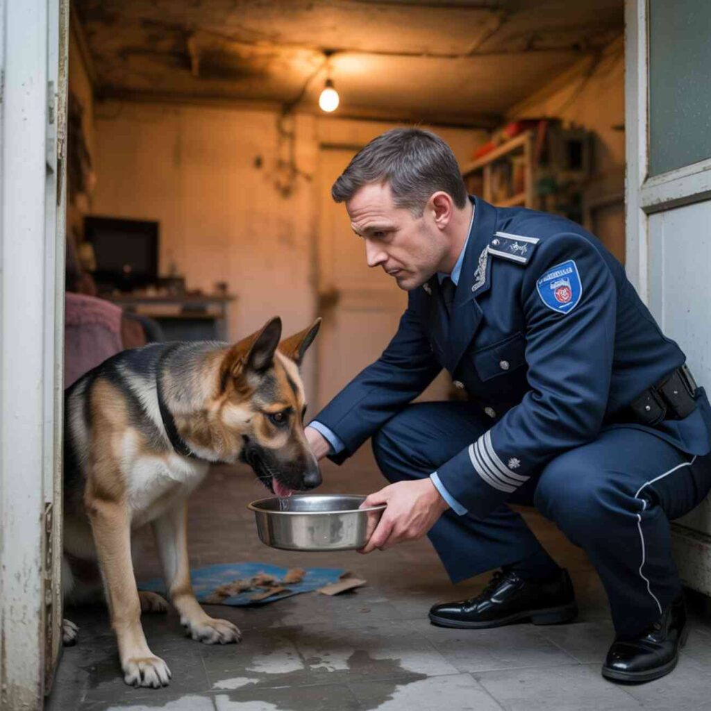Un policier français en uniforme tend une gamelle d’eau à un chien en détresse dans un logement délabré, illustrant un moment de secours animalier.