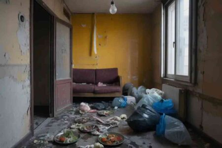 Vue d’un salon très dégradé rempli de sacs-poubelles, d’assiettes sales et de murs délabrés, illustrant les conditions d’insalubrité dans lesquelles un chien a été retrouvé à La Ciotat.
