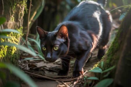 Chat noir portant une musaraigne dans la gueule, en pleine forêt, illustrant la découverte de nouveaux virus grâce aux proies ramenées