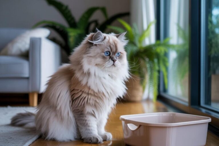 Un chat Persan assis sur une table basse devant une baie vitrée. Son pelage est long et clair, son regard fixe un point au loin. L’ambiance est douce, mais son attitude évoque la retenue, comme s’il cachait une gêne. L’image illustre la fragilité silencieuse de certaines races sujettes aux troubles urinaires.