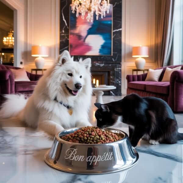 Un chien blanc et un chat noir regardent une gamelle remplie de nouvelles croquettes, avec l’inscription « Planipets » : un changement alimentaire qui soulève curiosité et méfiance.