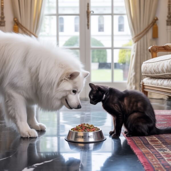 Un chien blanc et un chat noir reniflent prudemment une gamelle de croquettes dans un salon lumineux, symbolisant la méfiance naturelle face à un changement d’alimentation.