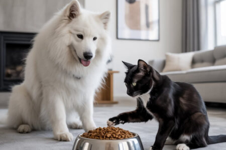 Changer brutalement les croquettes de son animal peut perturber son système digestif : un chien blanc et un chat noir observent une nouvelle gamelle de croquettes, l'air méfiant.