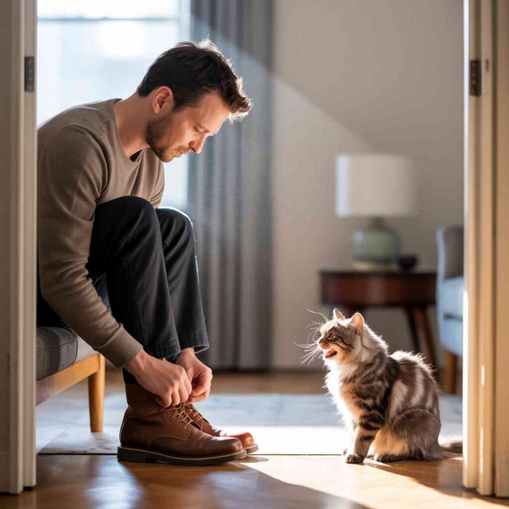 chat miaule quand je pars pendant que je mets mes chaussures