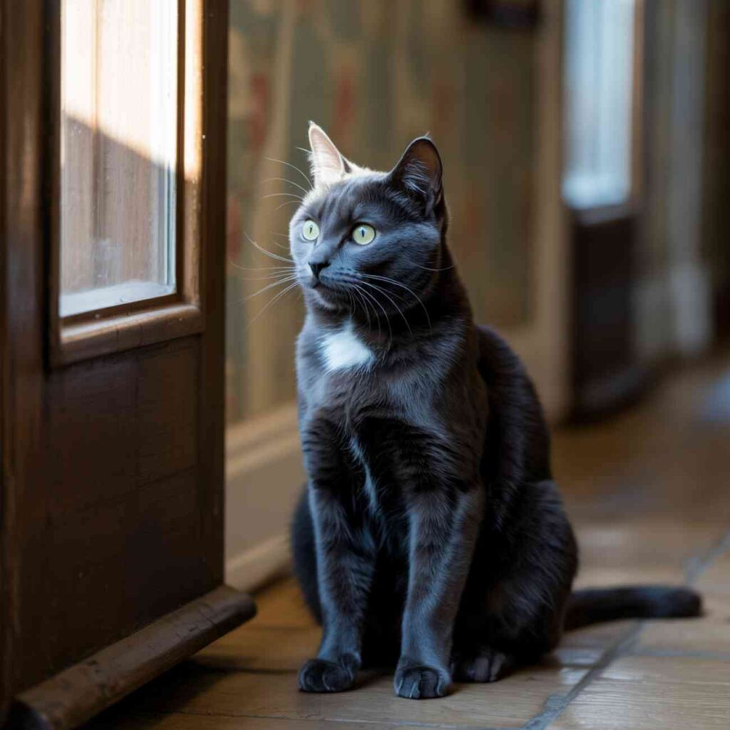 chat miaule quand je pars et attend derrière la porte